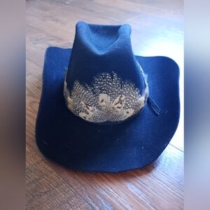Keyston Deluxe Wool Black Cowboy Hat with Feather Detail Band Size 7 1/4